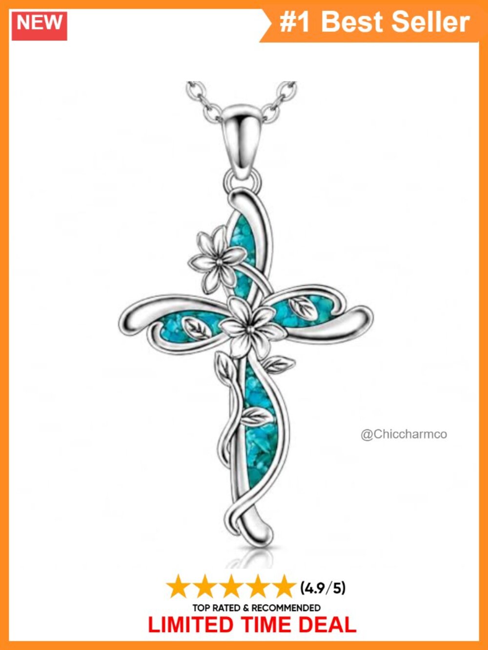 White Gold Plated Cross Necklace Pendant Turquoise Inlay Women